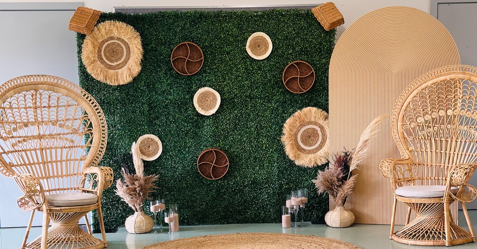 Boho party backdrop package with peacock chairs hire Melbourne