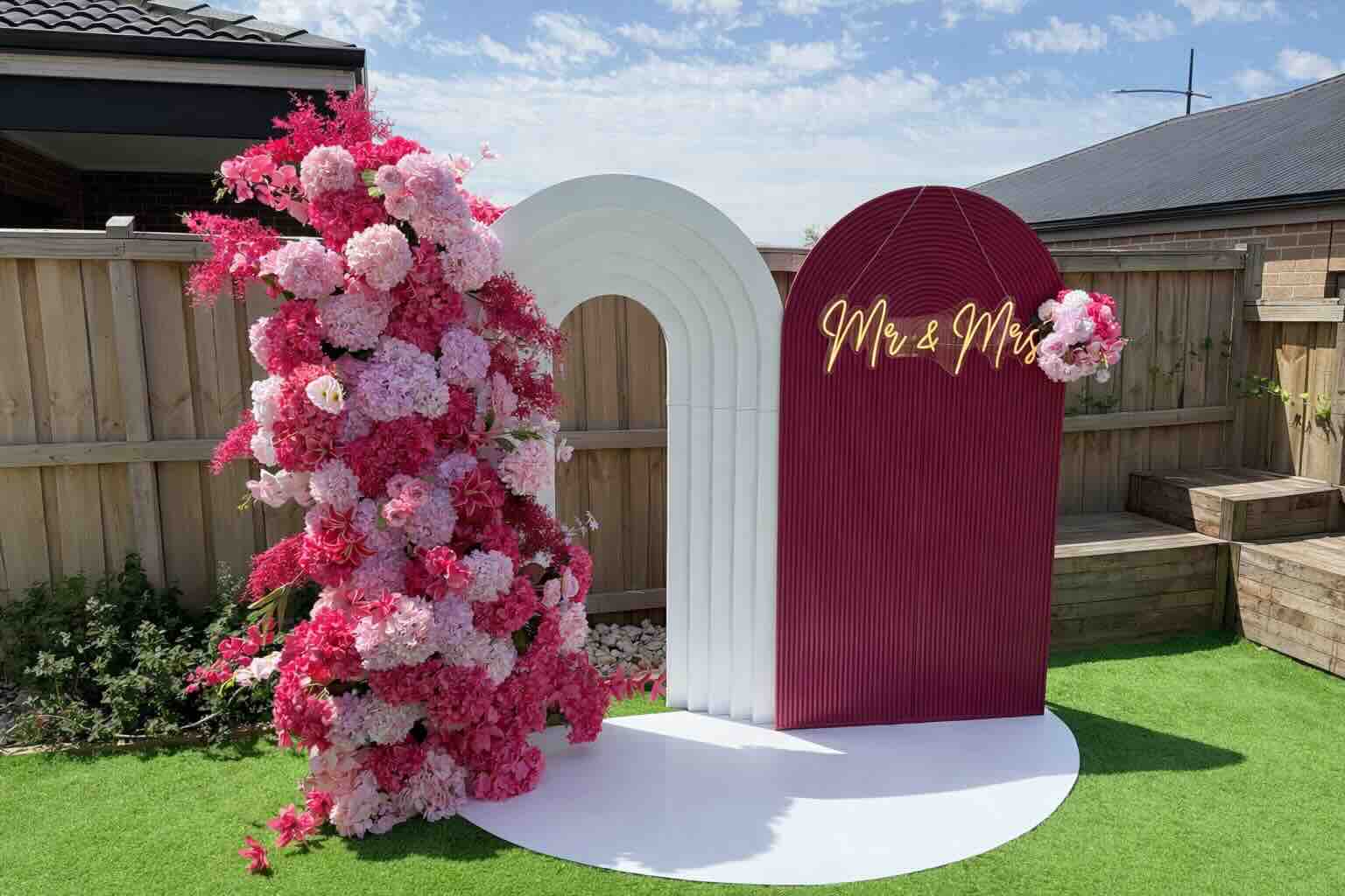 Mr and Mrs floral arch backdrop package hire Melbourne